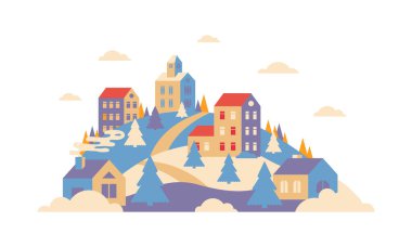 Geometrik minimumda şehir manzarası. Yeni yıl ve Noel kış şehri tepelerde, düşen kar ve köknar ağaçları. Şehir veya kasaba binaları. Yatay bayrak, kış tatili tebrik kartı..