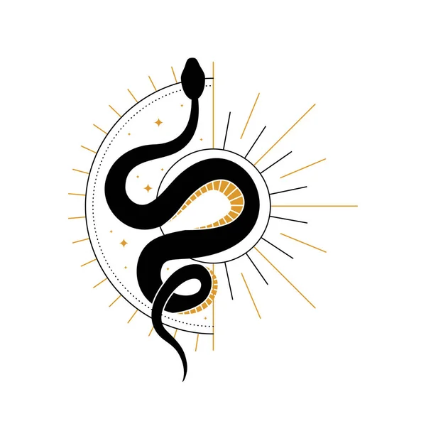 Abstract Mystical Composition Wriggling Black Snake Half Sun Boho Style — Stock Vector