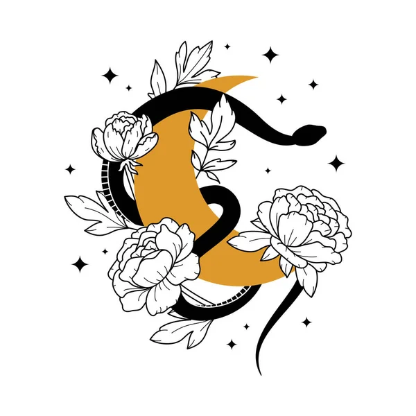 Beyaz arka planda izole edilmiş gök yılanı, ay, yıldızlar ve çiçeklerle vektör sihirli illüstrasyon. Poster baskısı, moda, kumaş, tekstil, kağıt için Boho modası esrarengiz yılan ve altın hilal