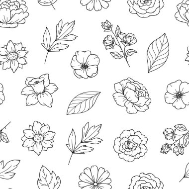 Bahar çiçekleriyle, gülle, tatlı bezelye çiçeğiyle, şakayıkla, nergis çiçeğiyle, ayçiçeğiyle çizimsel botanik deseni. Doğanın çiçekli arka planı. Tek renkli vektör illüstrasyon çizimi çizimleri.