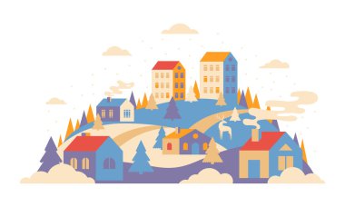 Geometrik minimumda şehir manzarası. Yeni yıl ve Noel kış şehri tepelerde, düşen kar ve köknar ağaçları. Şehir veya kasaba binaları. Yatay bayrak, kış tatili tebrik kartı..