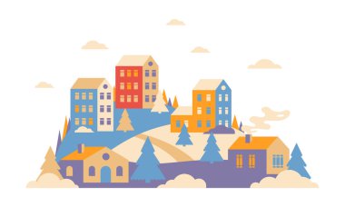 Geometrik minimumda şehir manzarası. Yeni yıl ve Noel kış şehri tepelerde, düşen kar ve köknar ağaçları. Şehir veya kasaba binaları. Yatay bayrak, kış tatili tebrik kartı..