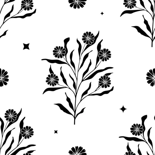 Black Hand Drawn Floral Seamless Pattern Daisy Leaves Repeat Background — Stock Vector