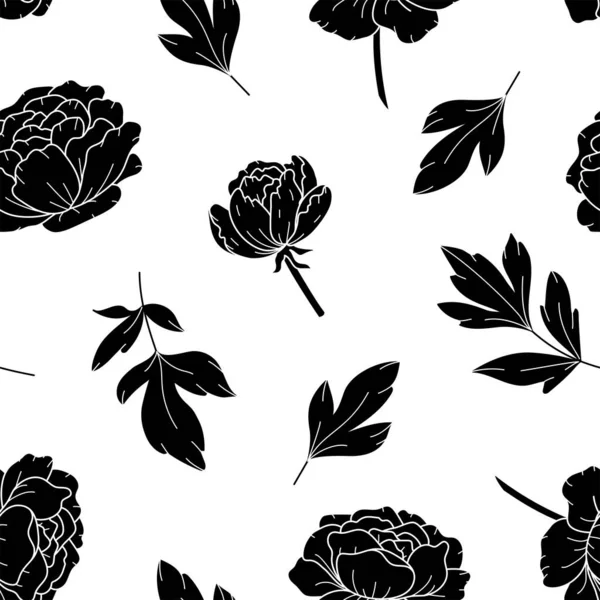 Black Peony Flower Seamless Pattern Drawing Vector Hand Drawn Engraved — Stock Vector