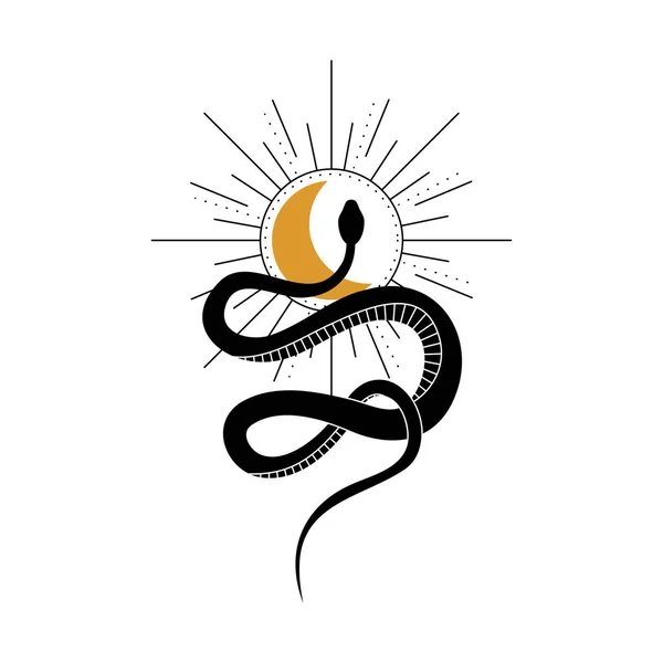 Mistyczna Kompozycja Wijącym Się Czarnym Wężem Złotym Półksiężycem Słońcem Styl — Wektor stockowy