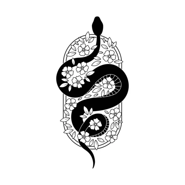 Serpent Floral Serpent Noir Dans Cadre Avec Des Fleurs Tatouage — Image vectorielle