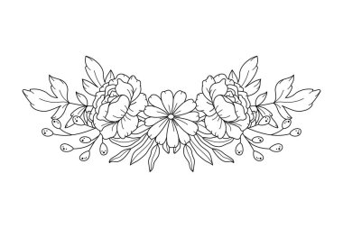 Çiçek sınır düzenlemesi. Şakayık, papatya çiçeği ve yapraklı zarif bir kompozisyon. Çizgi çalışması. Botanik tasarım, tebrik kartı ya da davetiye tasarımı öğesi. Vektör illüstrasyonu beyazda izole edildi.