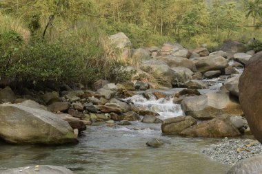 Jhalong nehri akıntısı nehir yatağındaki dağılmış kayaların arasından akıyor, Kalimpong, Batı Bengal, Hindistan