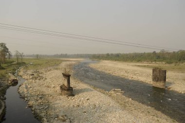 Yarı kurumuş Jaldhaka nehir yatağı ve terk edilmiş köprü sütunları. Batı Bengal, Hindistan.