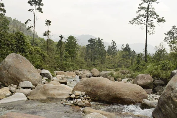 Rapide Fluviali Attraverso Massi Letto Jhalong Fiume Circondato Foresta Bengala — Foto Stock
