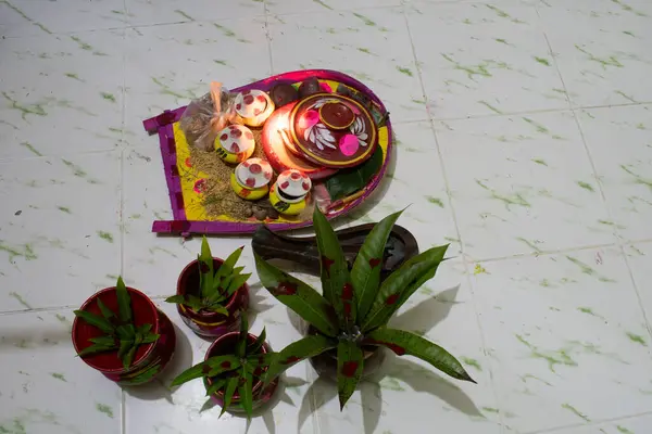 stock image sacred arrangements of prayer items used in  hindu traditional ritual of india