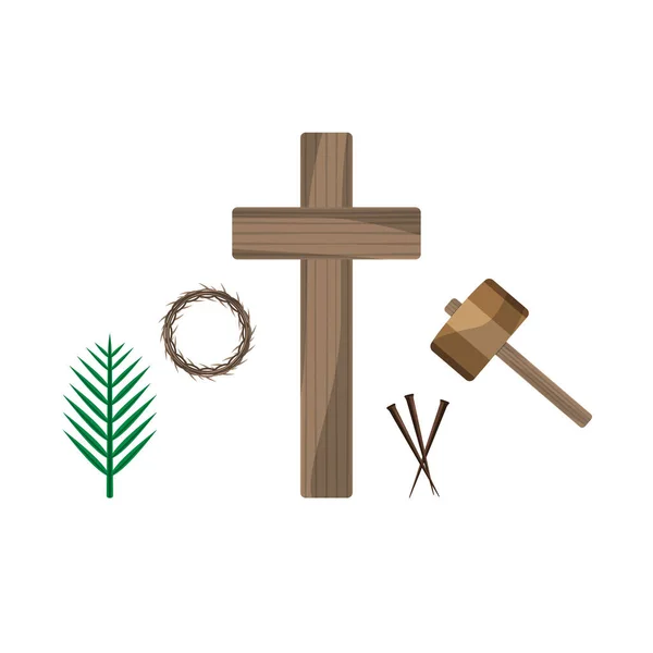 Symbole Chrześcijańskie Krzyż Korona Cierniowa Gałąź Palmowa Młotek Gwoździami — Wektor stockowy