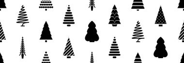 Beyaz arka planda farklı şekillerde Noel ağaçları, kusursuz desenler..