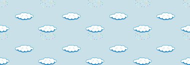 Mavi arka planda renkli yağmurlu birçok bulut. Kusursuz desen.