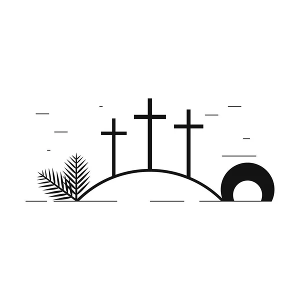 Trois Croix Une Grotte Christ Est Ressuscité Des Feuilles Palmier — Image vectorielle