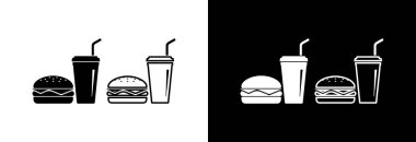 Hamburger ve soda. Siyah beyaz arkaplanda bir simge. Fast food.