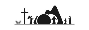 Paskalya, beyaz arka planda bir takım ikonlar. Bir palmiye dalı, bir haç, bir mağara, İsa, Meryem ve bir melek.