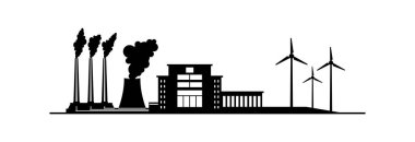 Beyaz arkaplanda fabrika ve elektrik santrali simgesi.