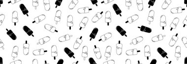 Bir sürü dondurma, beyaz arka planda pürüzsüz bir desen. Siyah beyaz çizim.