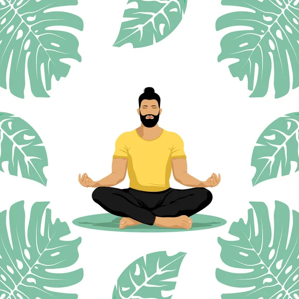 Muhteşem sakallı bir adam lotus pozisyonunda oturuyor. Yoga meditasyonu.