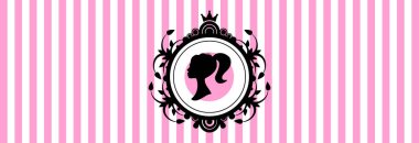 Çizgili pembe arka planda siyah bir Barbie bebek silueti..