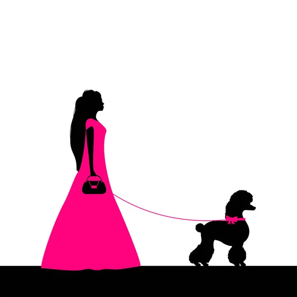 Silhouette Girl Poodle Dog Black Pink — Stock Vector