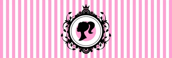Çizgili pembe arka planda siyah bir Barbie bebek silueti..