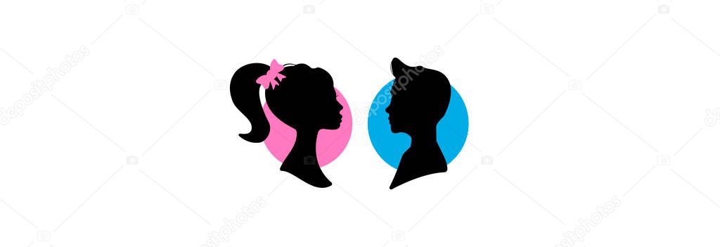 Black silhouette of a boy and a girl. Barbie doll and Ken doll.