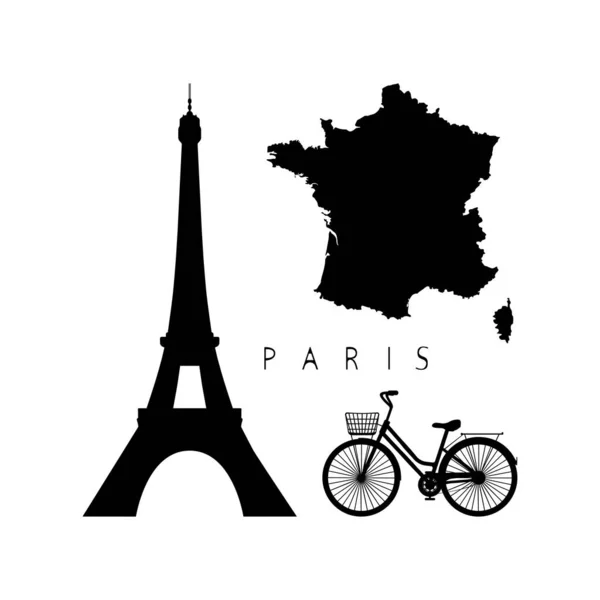 Fransa Nın Siluet Haritası Bisikleti Eyfel Kulesi — Stok Vektör