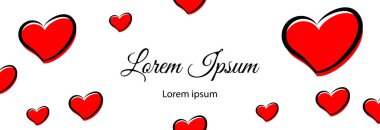 Beyaz arka planda kalpleri olan bir kartpostal. Merkezde metin için boşluk.
