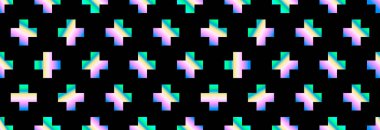 Artı holografik efektli imza. Siyah bir arkaplanda vektör çaprazlaması veya artı işareti. Kusursuz desen.