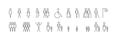 Tekerlekli sandalyedeki adam, kız, ikonlar. WC cinsiyet sembolü.