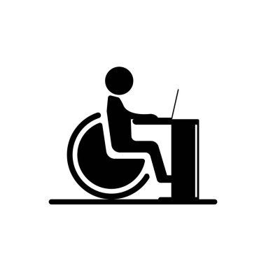 Bilgisayarda çalışan tekerlekli sandalyedeki biri. Vektör simgesi.