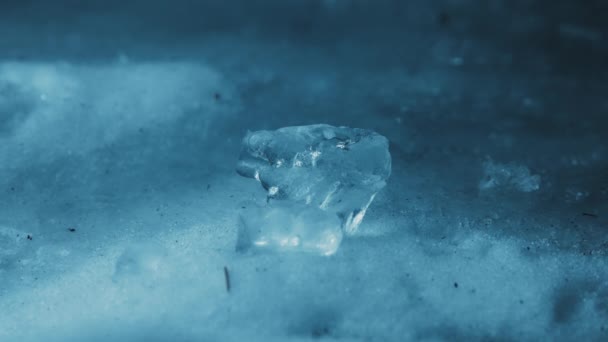 Small Ice Piece Snowy Icy Surface Slow Motion Close Zoom — Stock Video