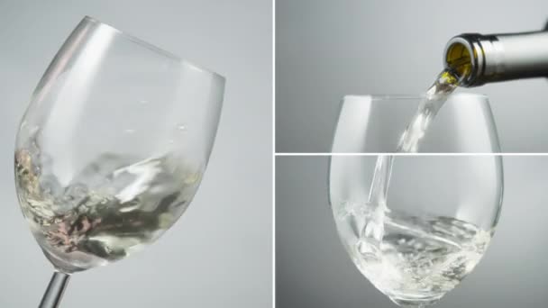 灰色の背景にガラスの白ワイン スローモーション — ストック動画