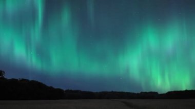 Kuzey Işıkları Aurora Borealis ağaçlarla çevrili büyük bir tarlanın üzerindeki gökyüzünü kaplıyor. Zaman Süreleri.