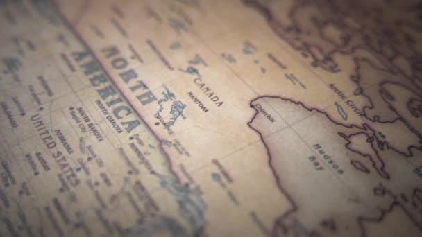 加拿大和北美大陆在古老的政治世界地图上 慢动作 跟踪弧线射击 — 图库视频影像