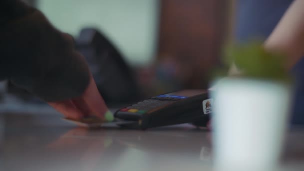 Eine Frau Steckt Eine Kreditkarte Einen Transaktionsautomaten Zeitlupe — Stockvideo