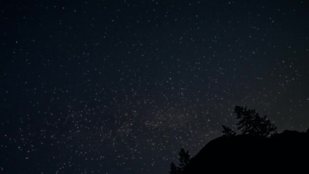 Samanyolu Dağların Ağaçların Arkasındaki Gece Gökyüzünde Beliriyor Zaman Aşımı Aşırı — Stok video