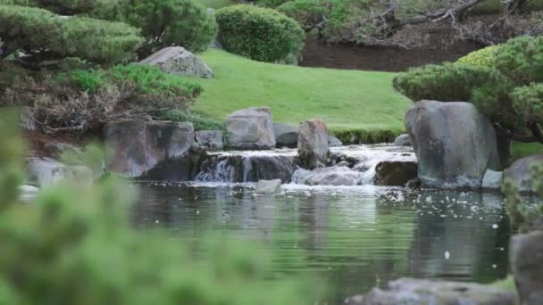 Små Vattenfall Mellan Klipporna Japanska Trädgårdarna Långsamma Rörelser — Stockvideo