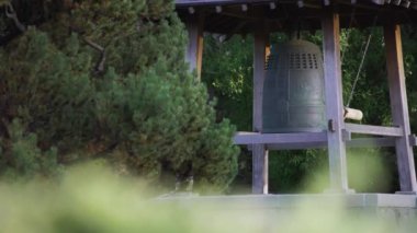 Geleneksel Japon çan kulesi ağaçların arasında. Yavaş çekim. 