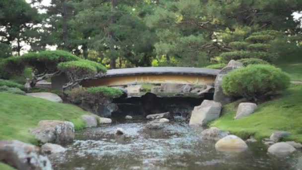 Деревянный Мост Через Водопад Японских Садах Медленное Движение — стоковое видео