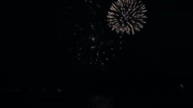 Göl suyunun üzerinde renkli havai fişekler patlıyor. Yavaş çekim. 