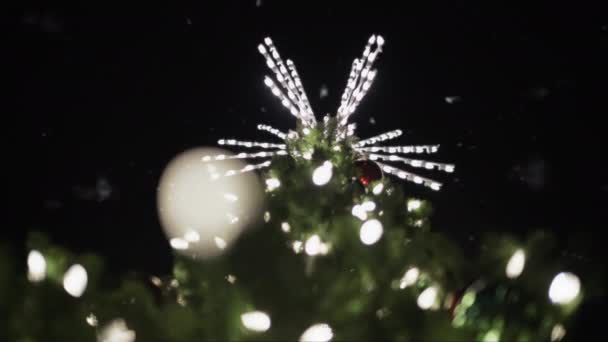 Χιόνι Πέφτει Στο Στολισμένο Χριστουγεννιάτικο Δέντρο Ένα Αστέρι Στην Κορυφή — Αρχείο Βίντεο