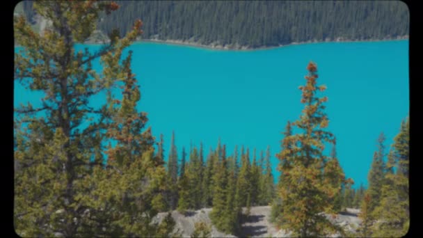 Blå Vatten Peyto Lake Kanadensiska Klippiga Bergen Vintage Film Titta — Stockvideo