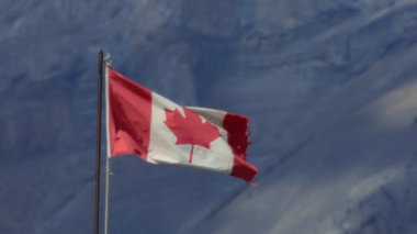Kanada bayrağı dağın arka planına karşı rüzgarda dalgalanıyor. Yavaş çekim. 