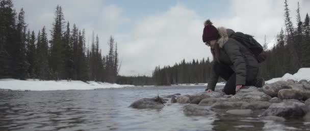 Dağlarda Kış Yürüyüşü Yaparken Kadın Yürüyüşçü Dere Kenarında Durur Yavaş Stok Video