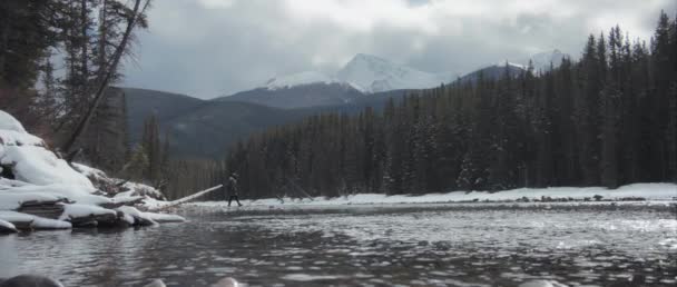 Yürüyüşçü Kışın Kanada Rocky Dağları Nda Akan Nehrin Yanında Yürüyor Telifsiz Stok Video