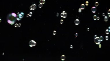 Siyah arka planda uçuşan sabun köpükleri. Yavaş çekim. 