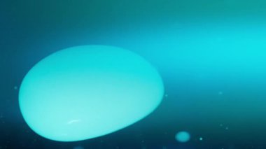 Soyut mavi lav kabarcıkları koyu mavi bir zemin üzerinde sıvı içinde yüzerler. Yavaş çekim. 